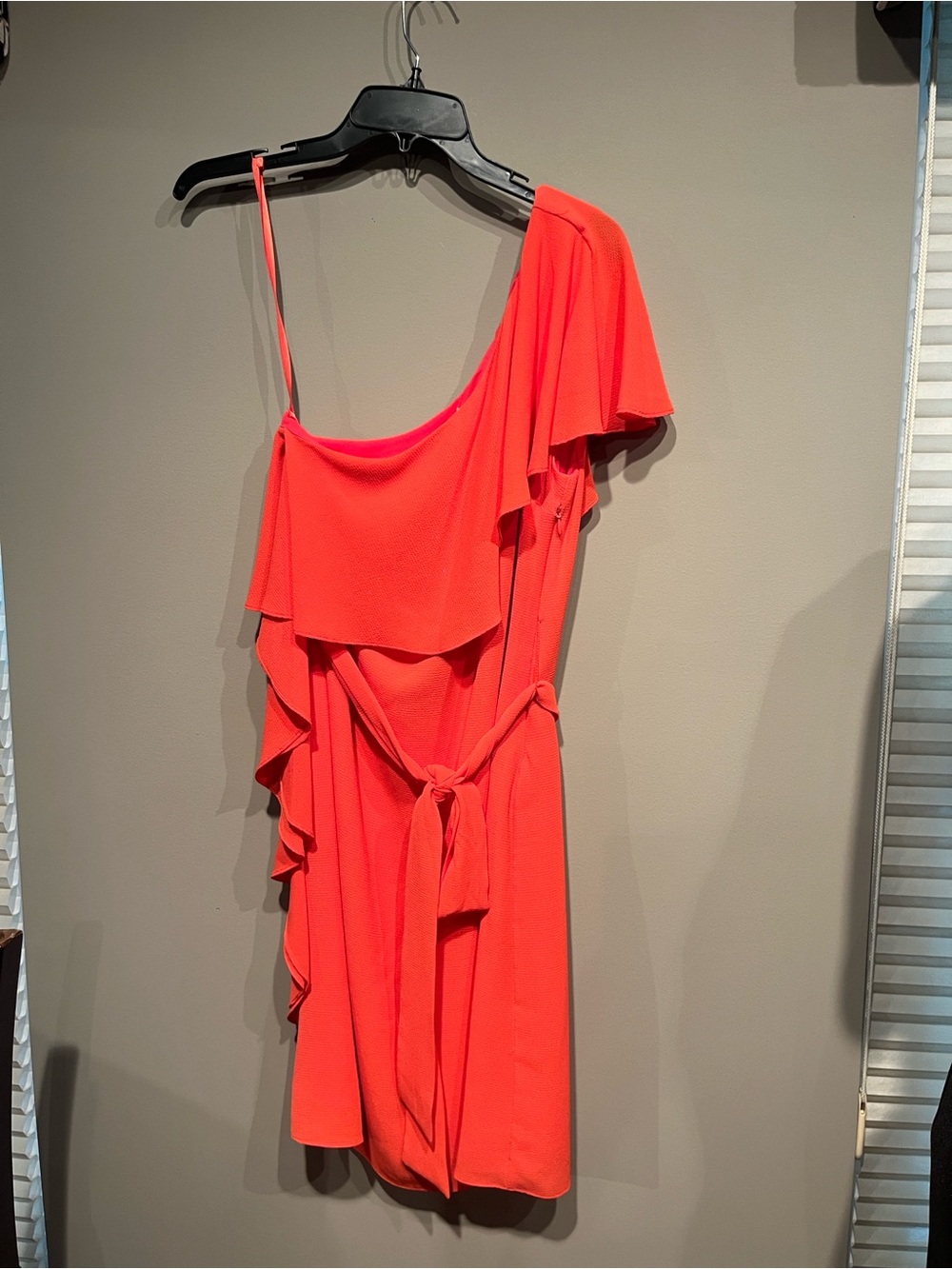 Michael Kors One-Shoulder Ruffle Belted Dress in Bright Coral